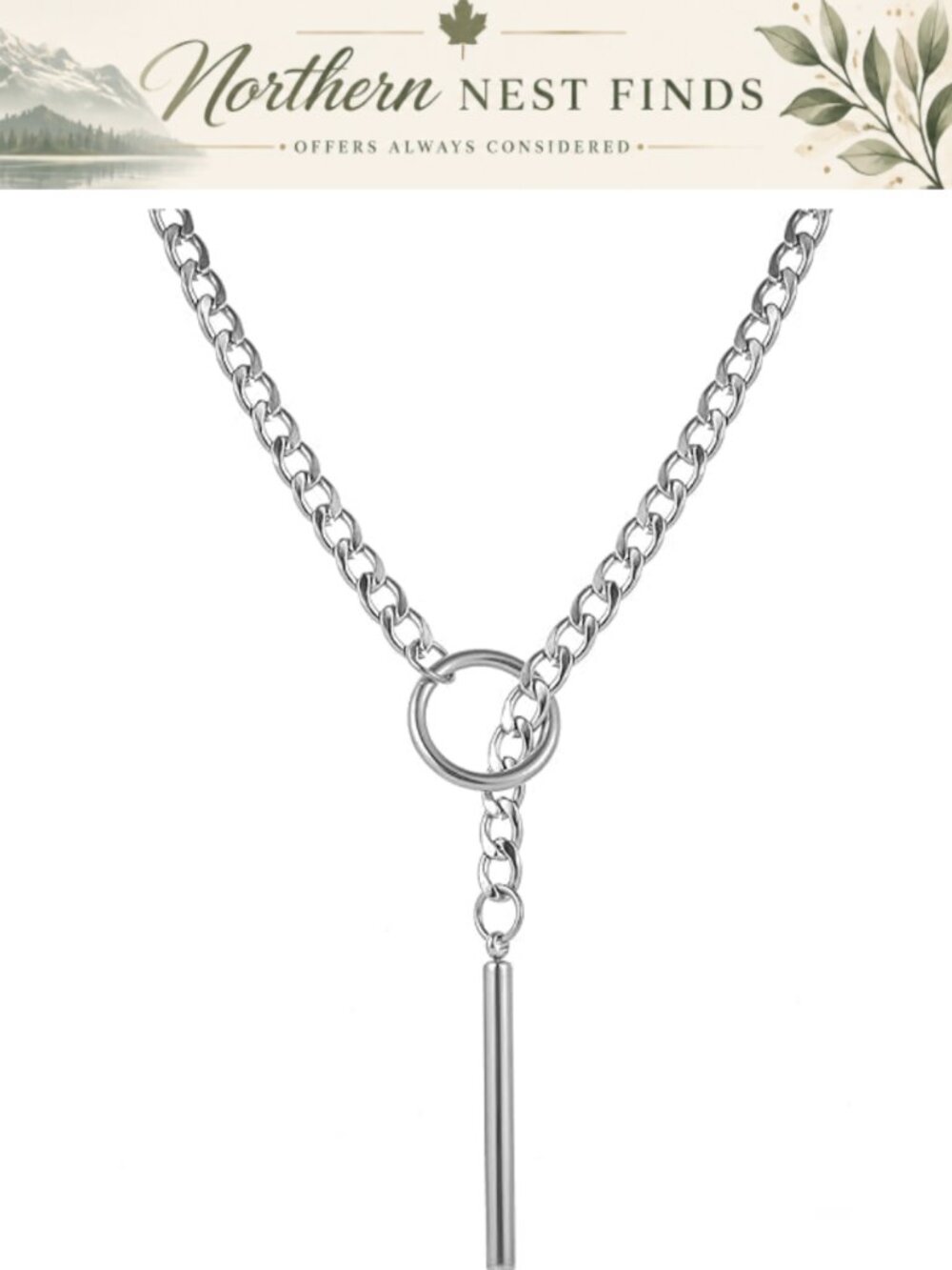 Stainless Steel Lariat Y Necklace Gothic Punk Bar Pendant Handmade Jewelry